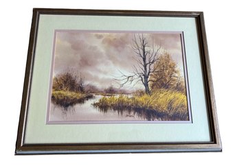 Original Watercolor Titled Marsh At Autumn Signed By Bill Ely
