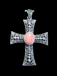 Vintage Sterling Silver Marcasite Coral Color Cross Pendant