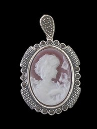 Vintage Sterling Silver Marcasite Cameo Pendant