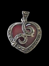 Vintage Sterling Silver Marcasite Ruby Color Heart Pendant