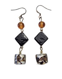 Vintage Sterling Silver Retro Black/Amber Artisan Earrings