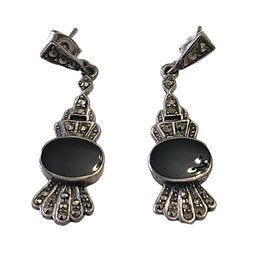 Vintage Sterling Silver Marcasite Onyx Color Earrings