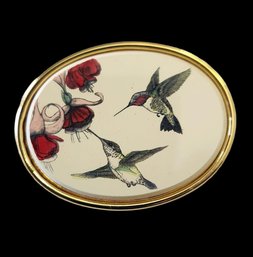 Vintage Artisan Hand Engraved Scrimshaw Hummingbird Brooch In Gold Tone