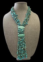 Gorgeous Vintage Native American Style Turquoise Color Stone/Bead Necklace With 9' Drop Tassel