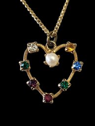 Vintage Multi Color Heart Pendant On Gold Tone Chain