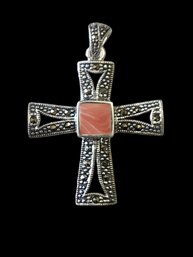 Vintage Sterling Silver Marcasite Coral Color Cross Pendant