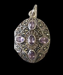 Vintage Sterling Silver Purple Stone Marcasite Locket Pendant