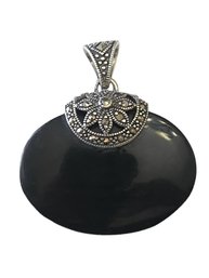 Vintage Sterling Silver Marcasite Onyx Color Pendant