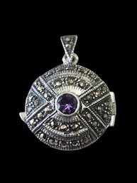 Vintage Sterling Silver Marcasite Purple Stone Pendant