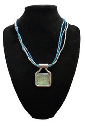 Vintage Blue/Silver Beaded Necklace With Green Silver Tone Pendant