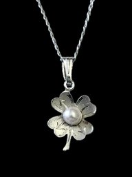 Vintage Sterling Silver Mid Century 1940's Marvel Chain With Floral Genuine Pearl Pendant