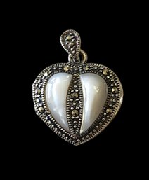 Vintage Sterling Silver Marcasite Mother Of Pearl Color Locket Pendant