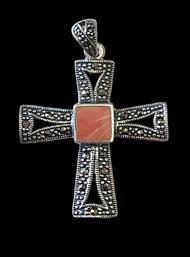 Beautiful Vintage Sterling Silver Marcasite Coral Color Cross Pendant