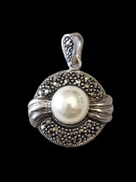 Vintage Sterling Silver Pearl Style Marcasite Pendant