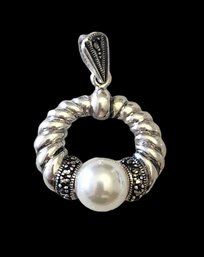 Vintage Sterling Silver Marcasite Pearl Style Pendant