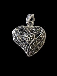 Vintage Sterling Silver Marcasite Heart Locket Pendant