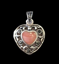 Beautiful Vintage Sterling Silver Coral Color Heart Pendant