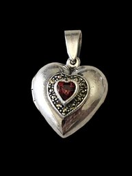 Vintage Sterling Silver Marcasite Ruby Color Heart Locket Pendant