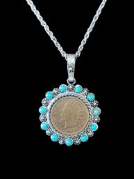 Vintage Sterling Silver Southwestern Style Necklace With Turquoise Color Beaded Coin Pendant