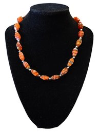 Vintage Sterling Silver Orange Glass Beaded Adjustable Necklace