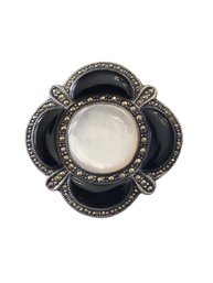 Vintage Sterling Silver Marcasite Onyx/Mother Of Pearl Color Brooch