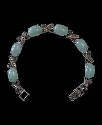 Beautiful Vintage Sterling Silver Marcasite Jade Stone Bracelet