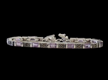 Beautiful Vintage Sterling Silver Marcasite Amethyst Color Stone Bracelet