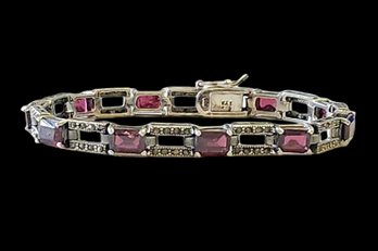 Vintage Sterling Silver Ruby Color Stone Marcasite Bracelet