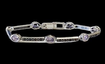 Vintage Sterling Silver Amethyst Color Stone Marcasite Bracelet