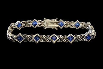 Gorgeous Vintage Sterling Silver Sapphire Color Stone Marcasite Bracelet