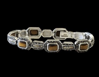 Beautiful Vintage Sterling Silver Tiger Eye Stone Marcasite Bracelet