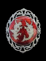 Incredible Vintage Sterling Silver Siam Red Enamel Brooch