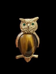 Vintage Tiger Eye Owl Brooch Gold Tone With Green Stone Eyes