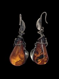 Gorgeous Vintage Sterling Silver Retro Amber Resin Earrings