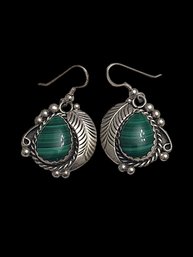 Vintage Sterling Silver Native American Green Malachite Feather Earrings