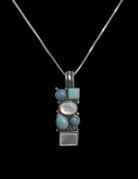 Vintage Sterling Silver Mother Of Pearl And Turquoise Color Pendant On Chain