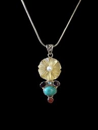 Vintage Sterling Silver Chain From Italy With Bakelite, Turquoise, Ruby, Amber Color Pendant