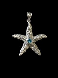 Vintage Sterling Silver Starfish With Blue Topaz Color Stone Pendant