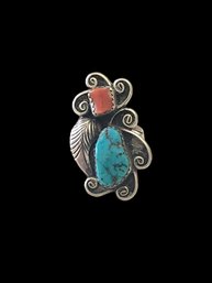 Gorgeous Vintage Native American Sterling Silver Turquoise Coral Color Stone Ring, Size 7