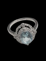 Vintage Aquamarine Stone CZ Ring, Size 8