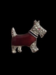 Vintage Sterling Silver Marcasite Red Enamel Scottish Terrier Brooch