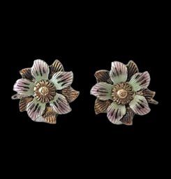 Beautiful Vintage Sterling Silver Painted Enamel Flower Screw Back Earrings