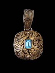 Vintage Sterling Silver W/ Gold Overlay Intricate Design Blue Stone Pendant