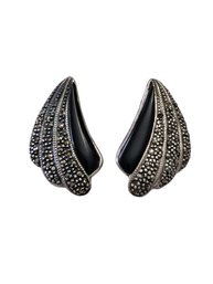 Vintage Sterling Silver Marcasite Onyx Color Earrings