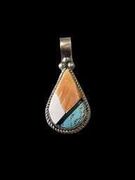 Vintage Sterling Silver Turquoise, Mother Of Pearl And Coral Color Pendant