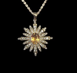 Gorgeous Vintage Sterling Silver Gold Overlay CZ Amber Color Stone Necklace