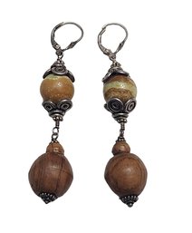 Vintage Sterling Silver Wood And Glass Boho Earrings