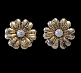 Vintage Sterling Silver Vermeil White Stone Flower Earrings