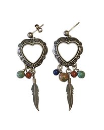 Vintage Sterling Silver Heart & Feather Earrings