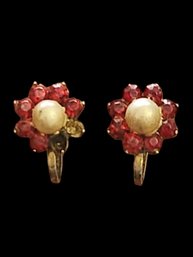 Old Vintage Sterling Silver Ruby Color Stone Flower Earrings